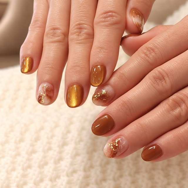 Gold and brown gel manicure